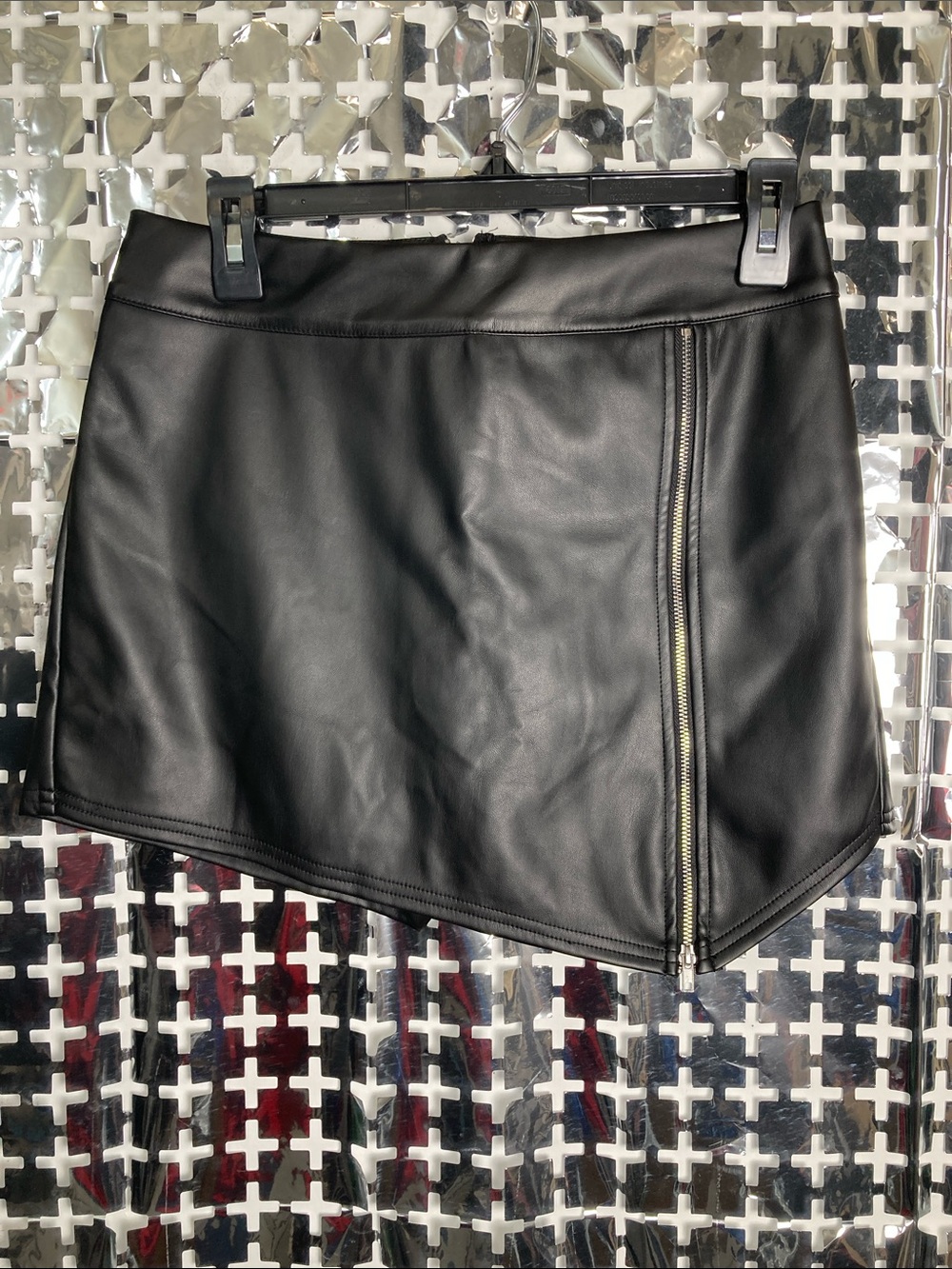 Fashion Nova Black Faux Leather Asymmetrical Mini Skirt with Side Zip